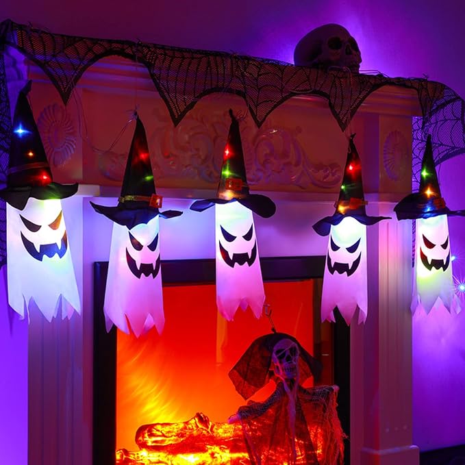LED Lantern String Lights with Ghost Hats, Set of 5