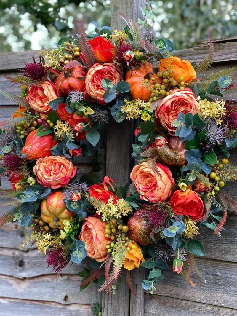 Autumn Wreath with Flowers & Pumpkin — Warms the Heart & Welcomes Guests