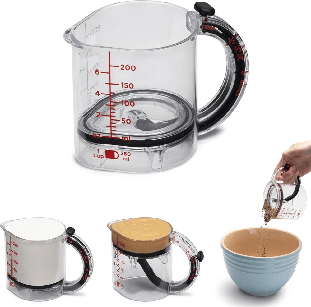 Measuring cup with adjustable base — 1 cup to ¼ cup in one