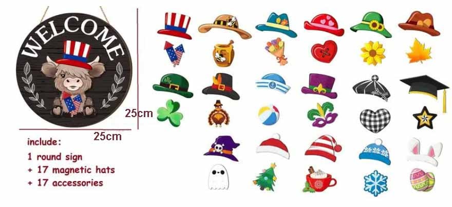 Fluffy Cow Welcome Sign — With Interchangeable Hats for Each Season