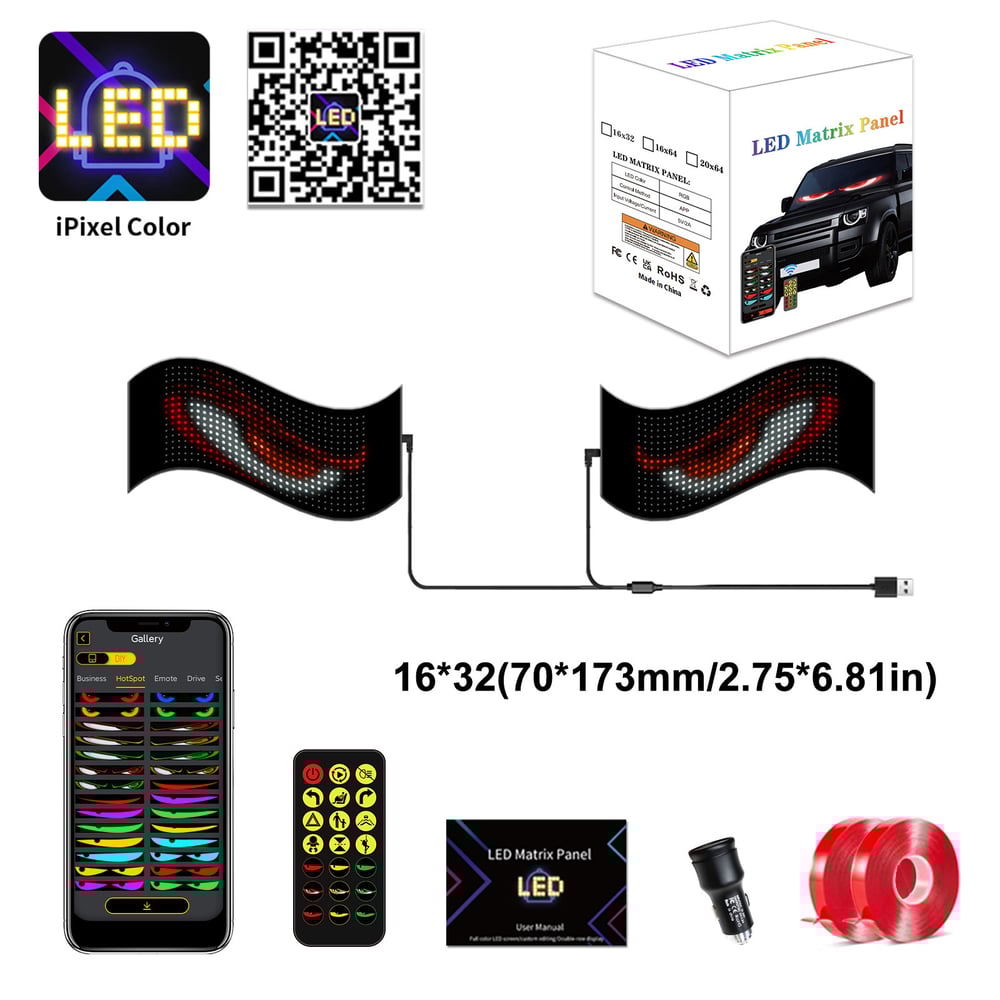 Animated LED Display Panel — App-Controlled Vehicle Windshield Sign (2 Pieces)