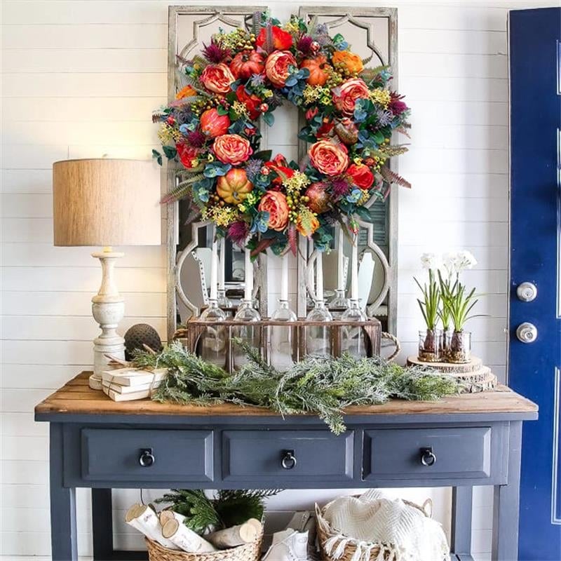 Autumn Wreath with Flowers & Pumpkin — Warms the Heart & Welcomes Guests