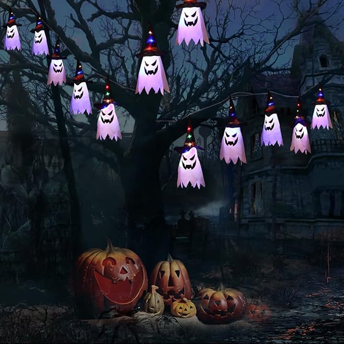 LED Lantern String Lights with Ghost Hats, Set of 5