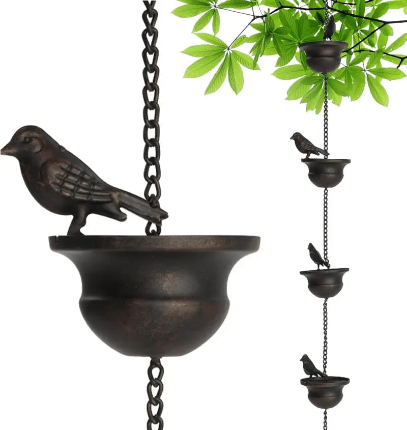 CascadiaCharm™ — Mesmerizing Rain Chain & Birdbath