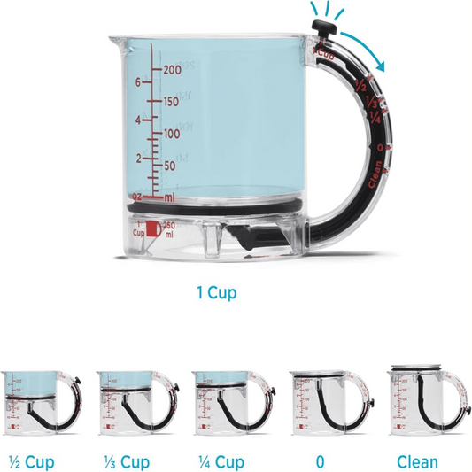 Measuring cup with adjustable base — 1 cup to ¼ cup in one