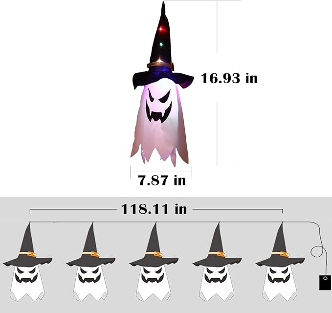 LED Lantern String Lights with Ghost Hats, Set of 5