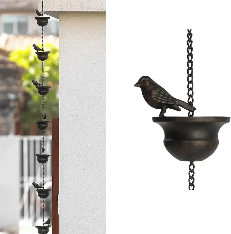 CascadiaCharm™ — Mesmerizing Rain Chain & Birdbath