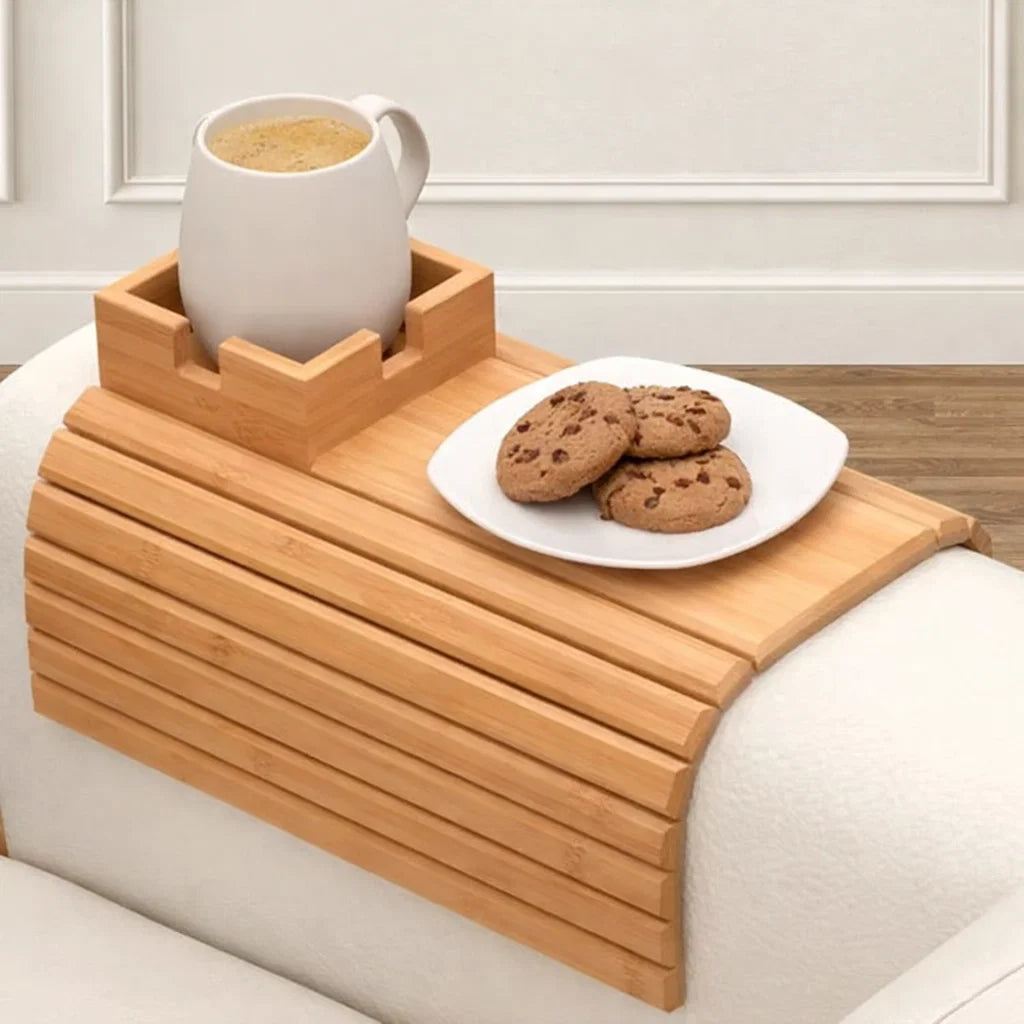Bambus Armlehnen Tablett — Umweltfreundlicher Becher- und Knabbersnackhalter für das Sofa
