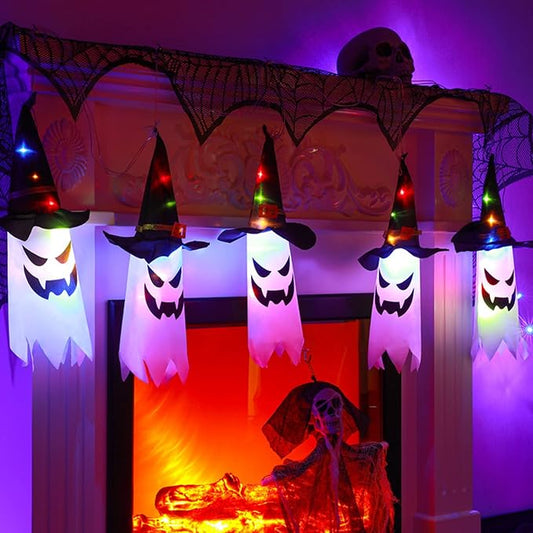 LED Lantern String Lights with Ghost Hats, Set of 5