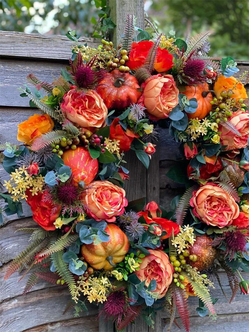 Autumn Wreath with Flowers & Pumpkin — Warms the Heart & Welcomes Guests