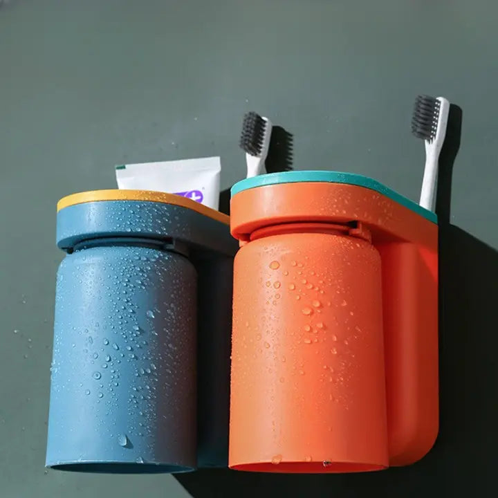 Wall-Mounted Toothbrush & Cup Holder – No-Drill Bathroom Organizer for Small Spaces
