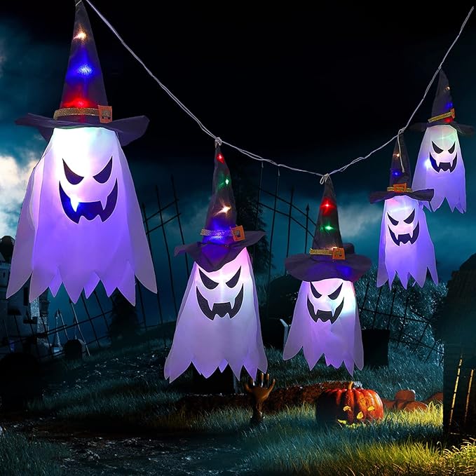 LED Lantern String Lights with Ghost Hats, Set of 5