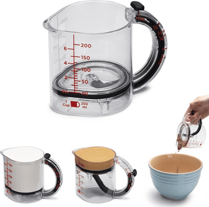 Measuring cup with adjustable base — 1 cup to ¼ cup in one