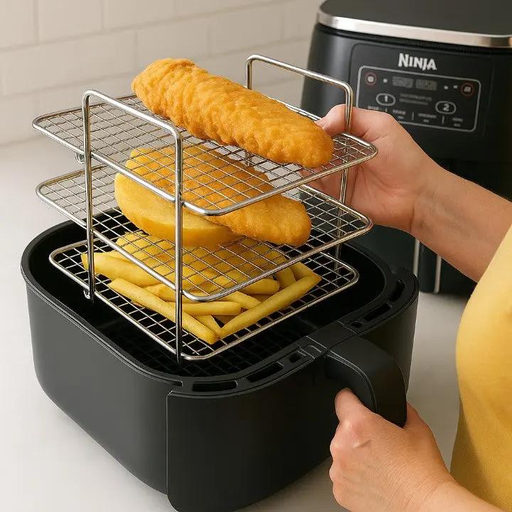3‑Etagen Edelstahl Airfryer-Rack – Mehr Platz, Gleichmäßig Garen, Ohne Umdrehen!