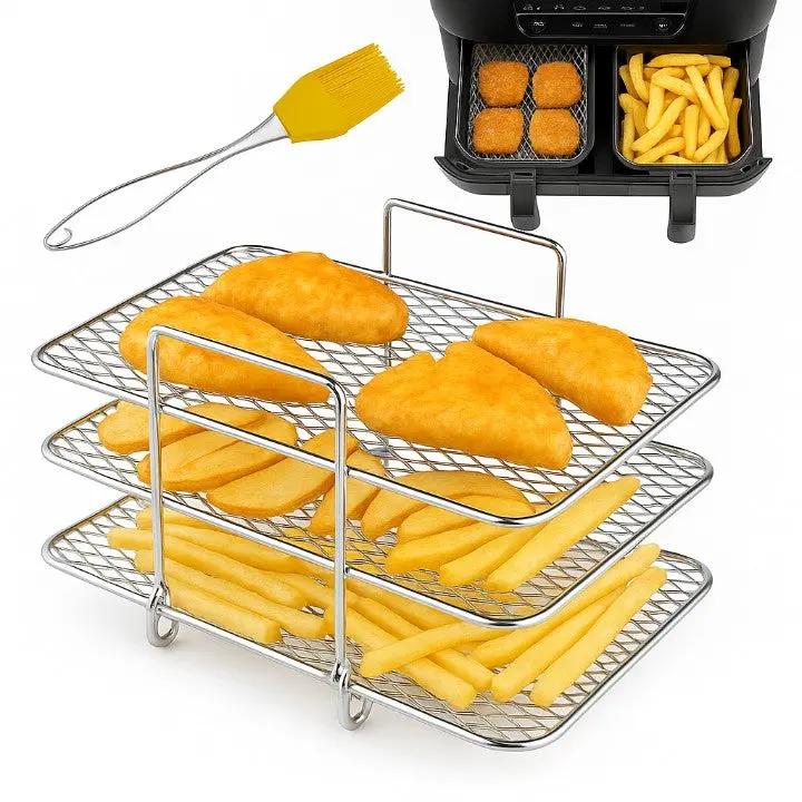 3‑Etagen Edelstahl Airfryer-Rack – Mehr Platz, Gleichmäßig Garen, Ohne Umdrehen!