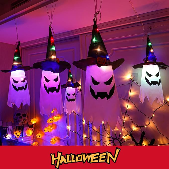 LED Lantern String Lights with Ghost Hats, Set of 5