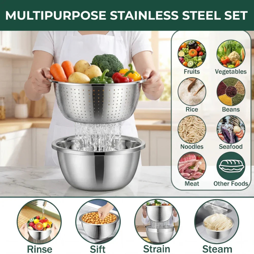Stainless Steel Bowl Set with Grater and Strainer – 3 in 1