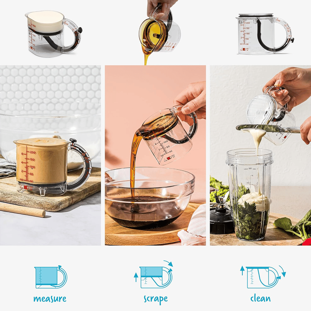 Measuring cup with adjustable base — 1 cup to ¼ cup in one
