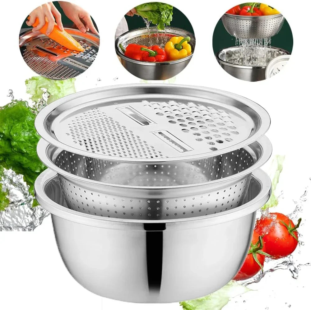 Stainless Steel Bowl Set with Grater and Strainer – 3 in 1