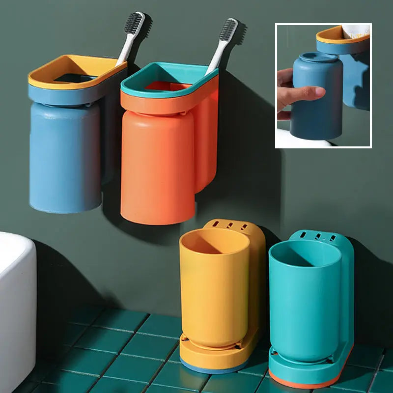 Wall-Mounted Toothbrush & Cup Holder – No-Drill Bathroom Organizer for Small Spaces