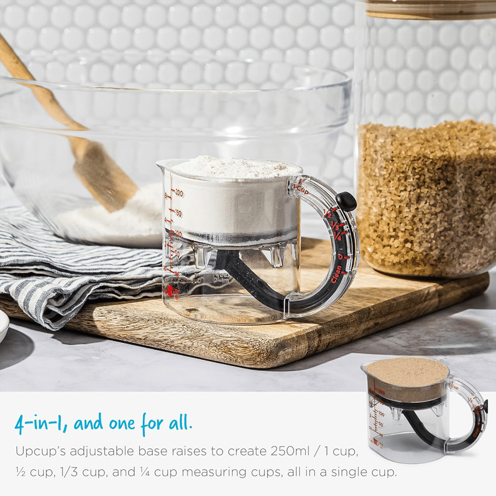 Measuring cup with adjustable base — 1 cup to ¼ cup in one