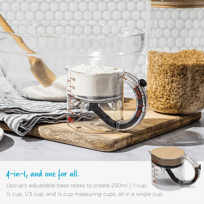 Measuring cup with adjustable base — 1 cup to ¼ cup in one