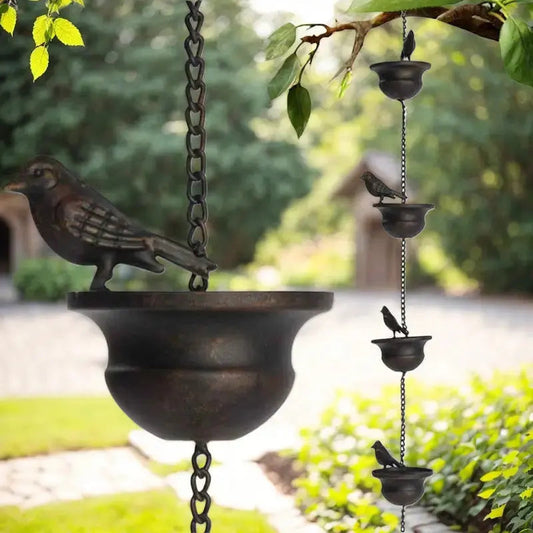 CascadiaCharm™ — Mesmerizing Rain Chain & Birdbath
