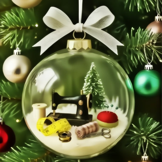 Elegant sewing motif snow globe ornament that adds sparkle and charm to holiday home décor