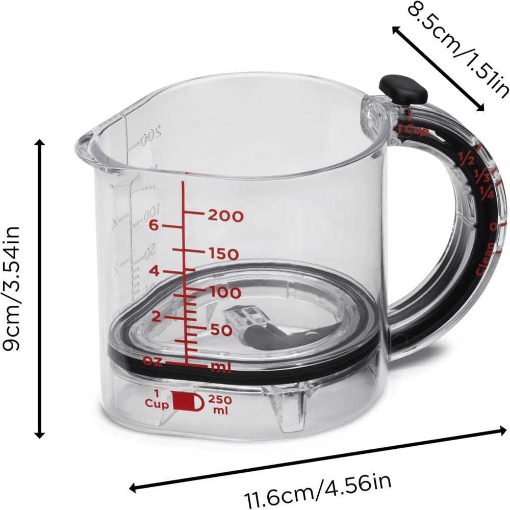 Measuring cup with adjustable base — 1 cup to ¼ cup in one