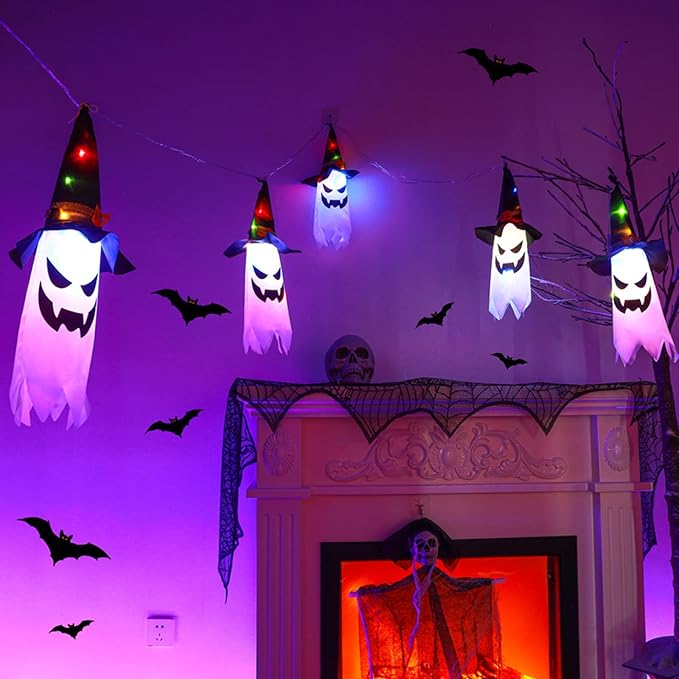 LED Lantern String Lights with Ghost Hats, Set of 5