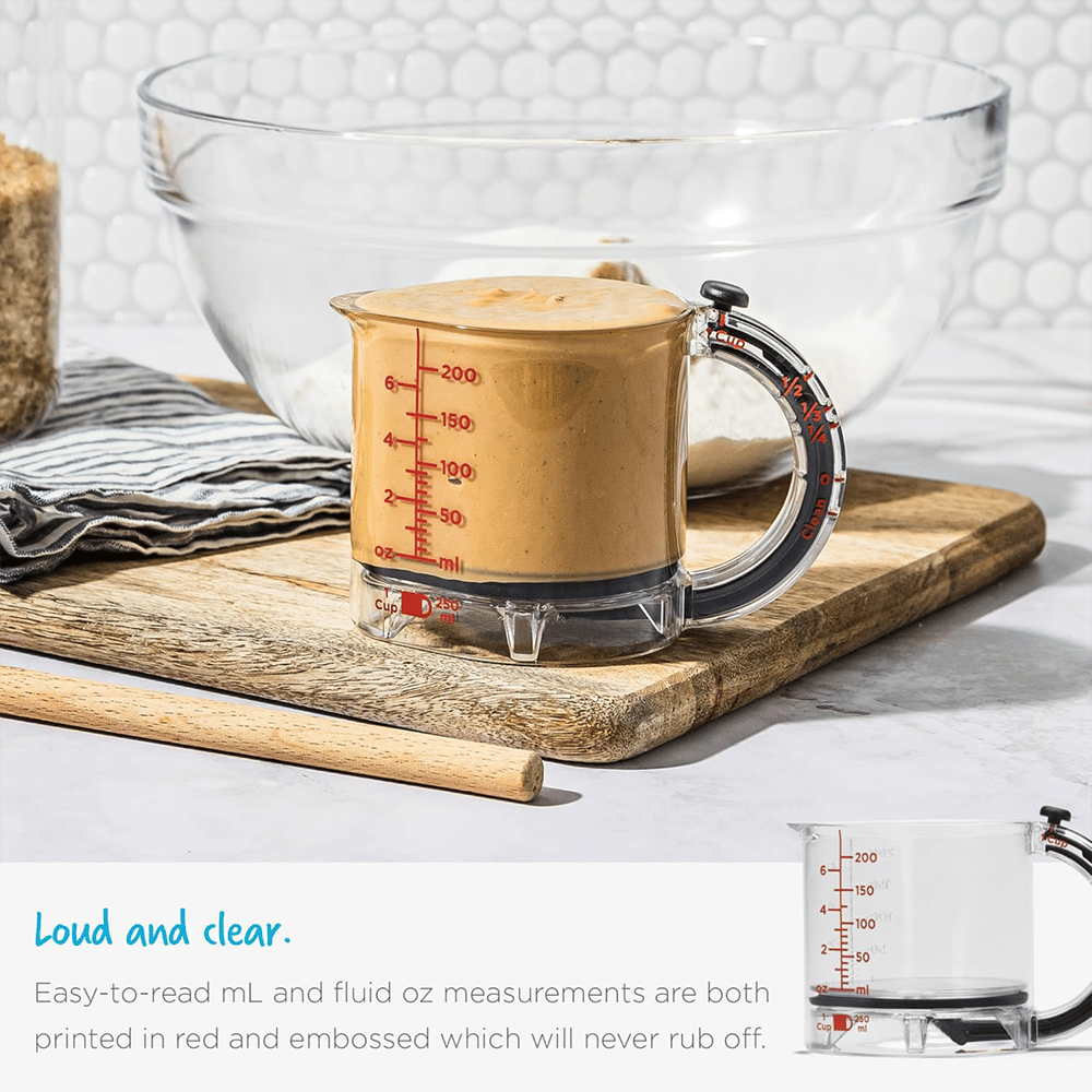 Measuring cup with adjustable base — 1 cup to ¼ cup in one