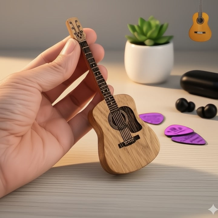 Handcrafted wooden box shaped like a mini acoustic guitar, used to store guitar picks. Stylish and essential musician accessory.