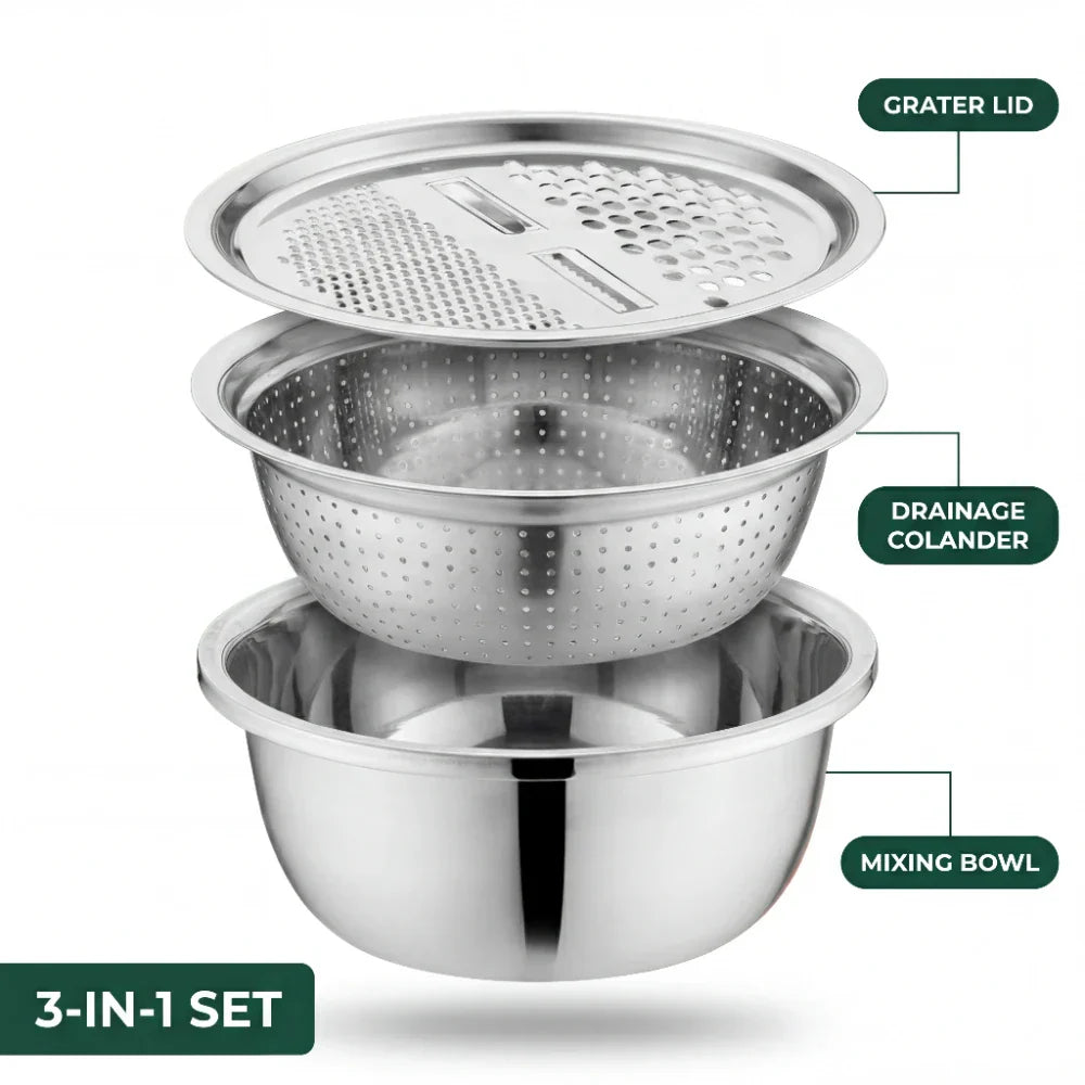 Stainless Steel Bowl Set with Grater and Strainer – 3 in 1
