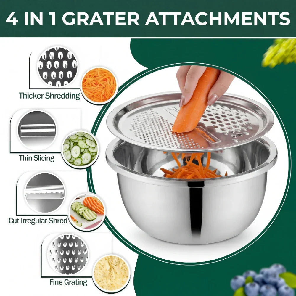 Stainless Steel Bowl Set with Grater and Strainer – 3 in 1