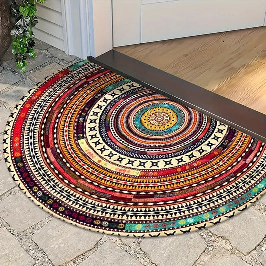 Boho Half-Circle Doormat — Perfect Combination with Colorful Plants in the Entrance Area
