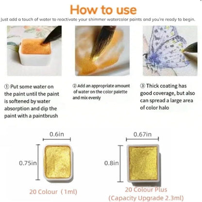 20 Colors Watercolor Painting Set, Metallic Watercolor Paint Set, Portable Glitter Watercolour Solid Paint Box for Kids, Artists, Painting Lovers Mivoza Deutschland