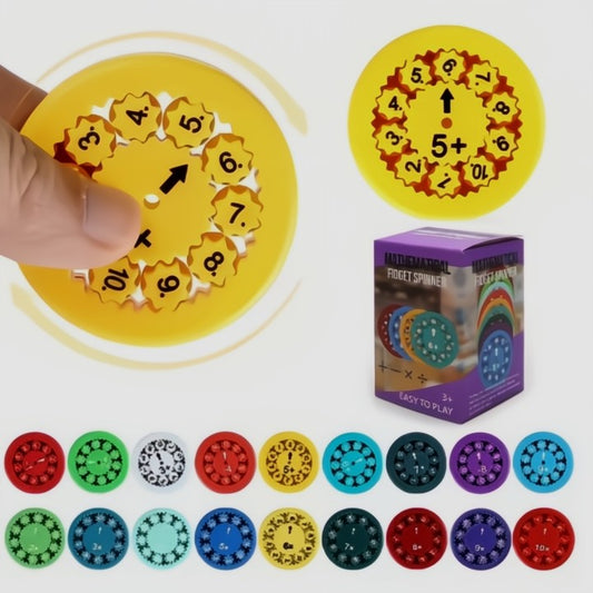 9-Piece set of colorful math fidget spinners. Premium, durable tool for quiet, focused, and engaging math practice for kids.