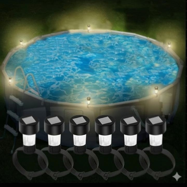 Solar-powered pool lights creating a colorful, relaxing glow for backyard and garden evenings